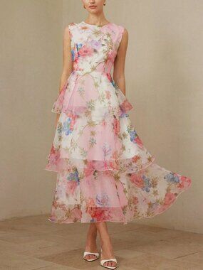 Multicolor Elegant Women's Print Round Neck Multi-Layered Sleeveless Dress